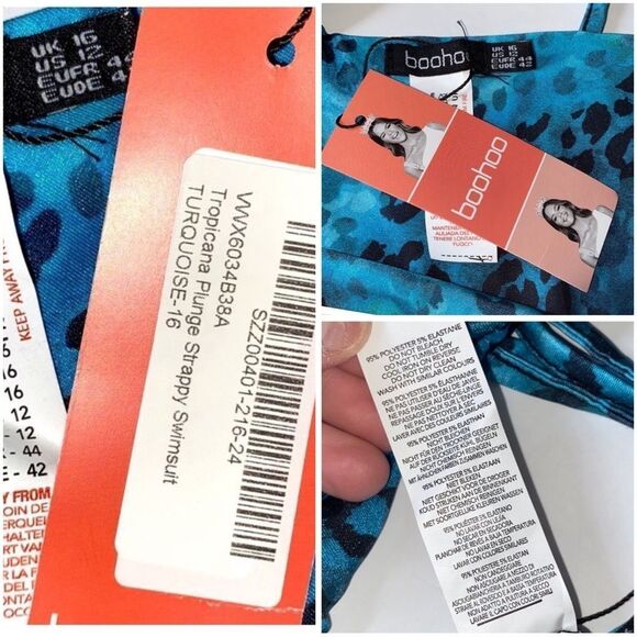 BooHoo, Teal Leopard Print, Deep V-Neck, One Piece Swimsuit, US Size 12, NEW - Picture 11 of 16